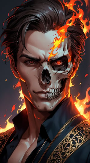 A handsome man whose face is half flesh half flaming skull.