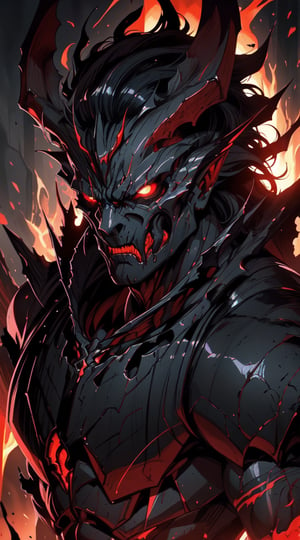 A brooding demon lord, the king of hell exudes a menacing presence with his obsidian skin adorned with fiery crimson markings. His sharp horns gleam with an otherworldly light, casting shadows across his twisted features. This evocative portrait, possibly a digital painting, captures the essence of evil with exquisite detail and depth. Each sinewy muscle and jagged edge is rendered with remarkable precision, inviting viewers into a realm of darkness and despair.