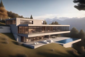 Luxurious and modernist big  house styled in concrete and glass at the top of a mountain, on background. (with incredible views of the valley). realistic rendering 