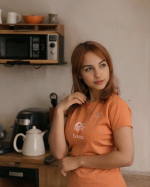 photo of extremely sexy girl holding a brown colour cup of tea in her left hand right hand is empty and down, gym body , orange shirt , normal chest, kitchen_background straight shot pink hair, red Addidas hair band on head, 