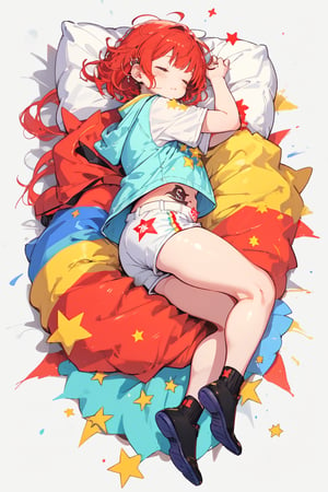 A cute chubby girl of height 4'8, full body , wearing rainbow color top and white shorts , short red hairs ,  2 small red star tatto on  left side of cheecks , yellow sleeper's 