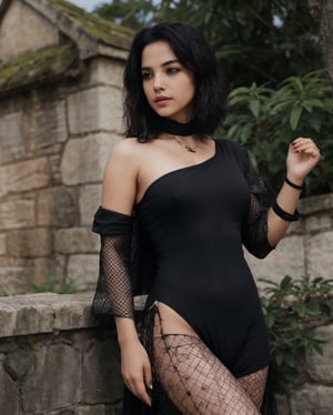photo of extremely sexy ,A 22-year-old beautiful girl thin legs  , Light jinsoyun, black bodysuit, black cloak, black feather cloak, one-sided shoulder armor, fishnet, single gauntlet, bracelet, outdoor, trees, flowers, ancient temple  room background, photorealistic, ultra-detailed, , pink lips,looking at viewer, short black hair, realistic,  original, cleavage, 