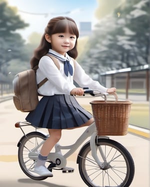 A cute little korean girl going to her school in morning by holding a bicycle, big eyes,chubby cheeks, long brown two pony hair, school_uniform, white colour shirt, brown skirt, realistic, looking at viewers 