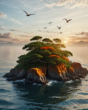 Series of mountains in an Isand which is in a middle of ocean covered by clouds clouds are oranges in nature, evning time, birds are flying, sun is going to be set , warm life coming from big tree's,  detail design, realistic 