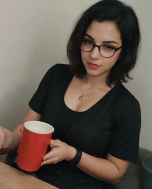 photo of extremely sexy ,A 22-year-old beautiful 1girl, solo, looking at viewer, short hair, red colour shirt, black hair, holding, sitting, short sleeves, glasses, indoors, black eyes, cup, lips, gun, black shirt, table, drinking glass, realistic lips,looking at viewer, short black hair, realistic,  original, cleavage, 