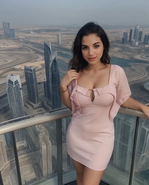 photo of extremely sexy ,A 22-year-old beautiful blonde girl behind the Burj Khalifa wearing full sleeves light colour dress  , pink lips,looking at viewer, short black hair, realistic,  original, tits, cleavage, 