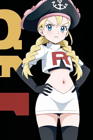 Team Rocket, cropped jacket, white jacket, crop top, jacket, gloves, black gloves, elbow gloves, navel, midriff, white skirt, miniskirt, skirt, black thighhighs, looking down at viewer,(intricately detailed, hyperdetailed), blurry background,depth of field, best quality, masterpiece, intricate details, tonemapping, sharp focus, hyper detailed, trending on Artstation,1 girl, high res, official art,hands on hips,glaring angrily,black panties,anime style,Patty Fleur,blonde hair, twin braids, blue eyes, young, child, pirate hat