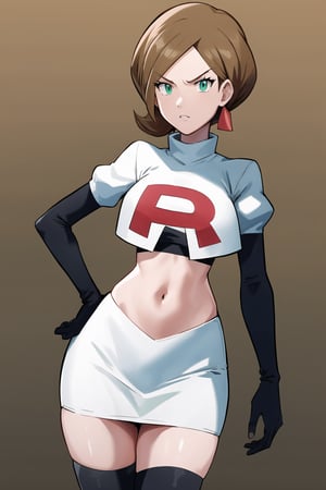 Team Rocket, cropped jacket, white jacket, crop top, jacket, gloves, black gloves, elbow gloves, navel, midriff, white skirt, miniskirt, skirt, black thighhighs, looking down at viewer,(intricately detailed, hyperdetailed), blurry background,depth of field, best quality, masterpiece, intricate details, tonemapping, sharp focus, hyper detailed, trending on Artstation,1 girl, high res, official art,hands on hips,glaring angrily,profjuniper