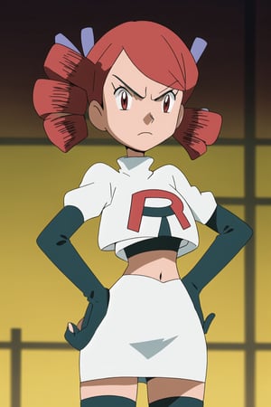 Team Rocket, cropped jacket, white jacket, crop top, jacket, gloves, black gloves, elbow gloves, navel, midriff, white skirt, miniskirt, skirt, thighhighs,looking down at viewer, (intricately detailed, hyperdetailed), blurry background,depth of field, best quality, masterpiece, intricate details, tonemapping, sharp focus, hyper detailed, trending on Artstation,1 girl, high res, official art,hands on hips,glaring angrily,URSULA_(POKEMON)