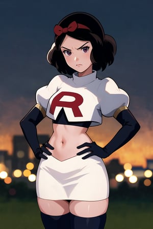 Team Rocket, cropped jacket, white jacket, crop top, jacket, gloves, black gloves, elbow gloves, navel, midriff, white skirt, miniskirt, skirt, black thighhighs,looking down at viewer, china, asiática, city, night, sky, (intricately detailed, hyperdetailed), blurry background,depth of field, best quality, masterpiece, intricate details, tonemapping, sharp focus, hyper detailed, trending on Artstation,1 girl, high res, official art,glaring angrily,hands on hips,SnowWhite
