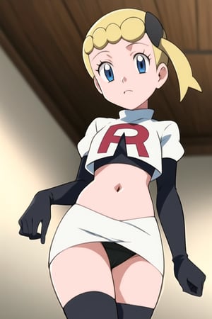 Team Rocket, cropped jacket, white jacket, crop top, jacket, gloves, black gloves, elbow gloves, navel, midriff, white skirt, miniskirt, skirt, black thighhighs, looking down at viewer,(intricately detailed, hyperdetailed), blurry background,depth of field, best quality, masterpiece, intricate details, tonemapping, sharp focus, hyper detailed, trending on Artstation,1 girl, high res, official art,hands on hps,black panties,Bonnie,1girl,bonnie,short hair,BLONDE,side ponytail,blue eyes,eyelashes,blue e