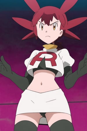 Team Rocket, cropped jacket, white jacket, crop top, jacket, gloves, black gloves, elbow gloves, navel, midriff, white skirt, miniskirt, skirt, black thighhighs, looking down at viewer,(intricately detailed, hyperdetailed), blurry background,depth of field, best quality, masterpiece, intricate details, tonemapping, sharp focus, hyper detailed, trending on Artstation,1 girl, high res, official art,hands on hps, glaring angrily,black panties,mairin_(pokemon),