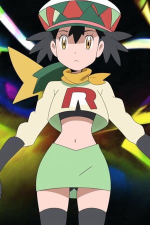 Team Rocket, cropped jacket, white jacket, crop top, jacket, gloves, black gloves, elbow gloves, navel, midriff, white skirt, miniskirt, skirt, black thighhighs, looking down at viewer,(intricately detailed, hyperdetailed), blurry background,depth of field, best quality, masterpiece, intricate details, tonemapping, sharp focus, hyper detailed, trending on Artstation,1 girl, high res, official art,hands on hps,black panties,MairinXL, 1girl, solo, hat, scarf, eyelashes, green headwear, official style, anime coloring,mairin_(pokemon)