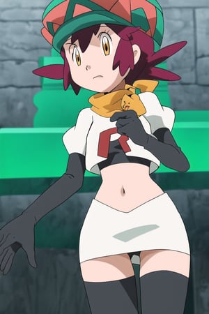 Team Rocket, cropped jacket, white jacket, crop top, jacket, gloves, black gloves, elbow gloves, navel, midriff, white skirt, miniskirt, skirt, black thighhighs, looking down at viewer,(intricately detailed, hyperdetailed), blurry background,depth of field, best quality, masterpiece, intricate details, tonemapping, sharp focus, hyper detailed, trending on Artstation,1 girl, high res, official art,hands on hps,black panties,MairinXL, 1girl, solo, hat, scarf, eyelashes, green headwear, official style, anime coloring,mairin_(pokemon)