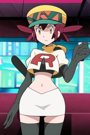 Team Rocket, cropped jacket, white jacket, crop top, jacket, gloves, black gloves, elbow gloves, navel, midriff, white skirt, miniskirt, skirt, black thighhighs, looking down at viewer,(intricately detailed, hyperdetailed), blurry background,depth of field, best quality, masterpiece, intricate details, tonemapping, sharp focus, hyper detailed, trending on Artstation,1 girl, high res, official art,hands on hps, glaring angrily,black panties,mairin_(pokemon),