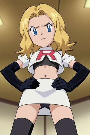 Team Rocket, cropped jacket, white jacket, crop top, jacket, gloves, black gloves, elbow gloves, navel, midriff, white skirt, miniskirt, skirt, black thighhighs,zettai ryouiki,looking down at viewer,(intricately detailed, hyperdetailed), blurry background,depth of field, best quality, masterpiece, intricate details, tonemapping, sharp focus, hyper detailed, trending on Artstation,1 girl, high res, official art,hands on hips,glaring angrily,spread legs,black panties,POKEMONSTYLE,POKEMON \(ANIME\),POKEMON \(CLASSIC ANIME\,POKEMON \(CLASSIC ANIME\),source_anime, anime screencap,viewed_from_below, blue eyes, blonde hair, helen