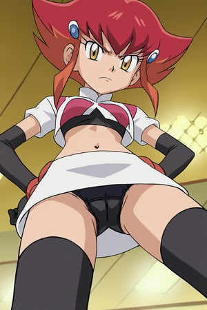 Team Rocket, cropped jacket, white jacket, crop top, jacket, gloves, black gloves, elbow gloves, navel, midriff, white skirt, miniskirt, skirt, black thighhighs,zettai ryouiki,looking down at viewer,(intricately detailed, hyperdetailed), blurry background,depth of field, best quality, masterpiece, intricate details, tonemapping, sharp focus, hyper detailed, trending on Artstation,1 girl, high res, official art,hands on hips,glaring angrily,spread legs,black panties,POKEMONSTYLE,POKEMON \(ANIME\),POKEMON \(CLASSIC ANIME\,POKEMON \(CLASSIC ANIME\),source_anime, anime screencap,viewed_from_below,anna(yugioh)