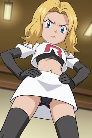 Team Rocket, cropped jacket, white jacket, crop top, jacket, gloves, black gloves, elbow gloves, navel, midriff, white skirt, miniskirt, skirt, black thighhighs,zettai ryouiki,looking down at viewer,(intricately detailed, hyperdetailed), blurry background,depth of field, best quality, masterpiece, intricate details, tonemapping, sharp focus, hyper detailed, trending on Artstation,1 girl, high res, official art,hands on hips,glaring angrily,spread legs,black panties,POKEMONSTYLE,POKEMON \(ANIME\),POKEMON \(CLASSIC ANIME\,POKEMON \(CLASSIC ANIME\),source_anime, anime screencap,viewed_from_below, blue eyes, blonde hair, helen