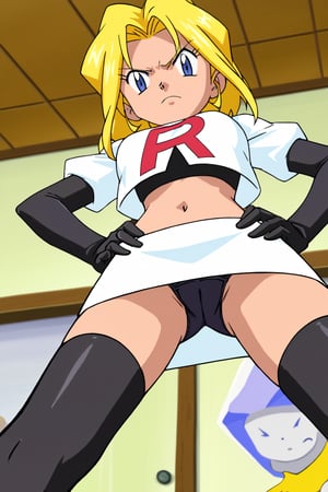 Team Rocket, cropped jacket, white jacket, crop top, jacket, gloves, black gloves, elbow gloves, navel, midriff, white skirt, miniskirt, skirt, black thighhighs,zettai ryouiki,looking down at viewer,(intricately detailed, hyperdetailed), blurry background,depth of field, best quality, masterpiece, intricate details, tonemapping, sharp focus, hyper detailed, trending on Artstation,1 girl, high res, official art,hands on hips,glaring angrily,spread legs,black panties,POKEMONSTYLE,POKEMON \(ANIME\),POKEMON \(CLASSIC ANIME\,POKEMON \(CLASSIC ANIME\),source_anime, anime screencap,viewed_from_below,irisBase