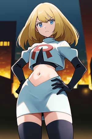Team Rocket, cropped jacket, white jacket, crop top, jacket, gloves, black gloves, elbow gloves, navel, midriff, white skirt, miniskirt, skirt, black thighhighs,looking down at viewer, china, asiática, city, night, sky, (intricately detailed, hyperdetailed), blurry background,depth of field, best quality, masterpiece, intricate details, tonemapping, sharp focus, hyper detailed, trending on Artstation,1 girl, high res, official art,glaring angrily,hands on hips,colette brunel