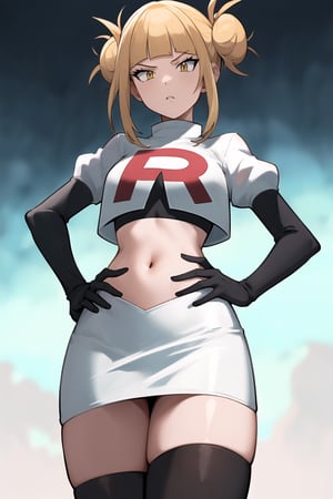 Team Rocket, cropped jacket, white jacket, crop top, jacket, gloves, black gloves, elbow gloves, navel, midriff, white skirt, miniskirt, skirt, black thighhighs, looking down at viewer,(intricately detailed, hyperdetailed), blurry background,depth of field, best quality, masterpiece, intricate details, tonemapping, sharp focus, hyper detailed, trending on Artstation,1 girl, high res, official art,hands on hips,glaring angrily,toga_himiko