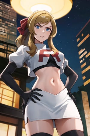 Team Rocket, cropped jacket, white jacket, crop top, jacket, gloves, black gloves, elbow gloves, navel, midriff, white skirt, miniskirt, skirt, black thighhighs, looking down at viewer, china, asiática, city, night, sky, (intricately detailed, hyperdetailed), blurry background,depth of field, best quality, masterpiece, intricate details, tonemapping, sharp focus, hyper detailed, trending on Artstation,1 girl, high res, official art,hands on hips,glaring angrily,maybelle