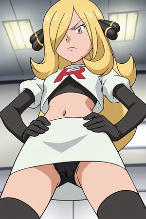 Team Rocket, cropped jacket, white jacket, crop top, jacket, gloves, black gloves, elbow gloves, navel, midriff, white skirt, miniskirt, skirt, black thighhighs,zettai ryouiki,looking down at viewer,(intricately detailed, hyperdetailed), blurry background,depth of field, best quality, masterpiece, intricate details, tonemapping, sharp focus, hyper detailed, trending on Artstation,1 girl, high res, official art,hands on hips,glaring angrily,spread legs,black panties,POKEMONSTYLE,POKEMON \(ANIME\),POKEMON \(CLASSIC ANIME\,POKEMON \(CLASSIC ANIME\),source_anime, anime screencap,viewed_from_below,BLONDE HAIR,POKEMONCYNTHIA,HAIR ORNAMENT, HAIR OVER ONE EYE, LONG HAIR, YELLOW EYES,