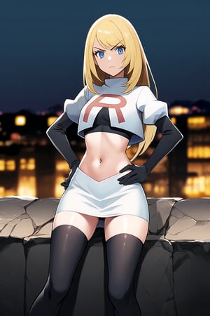 Team Rocket, cropped jacket, white jacket, crop top, jacket, gloves, black gloves, elbow gloves, navel, midriff, white skirt, miniskirt, skirt, thighhighs,, looking at viewer, china, asiática, city, night, sky, (intricately detailed, hyperdetailed), blurry background,depth of field, best quality, masterpiece, intricate details, tonemapping, sharp focus, hyper detailed, trending on Artstation,1 girl, high res, official art,glaring angrily,hands on hips,colette brunel,sitting down