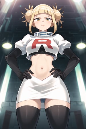 Team Rocket, cropped jacket, white jacket, crop top, jacket, gloves, black gloves, elbow gloves, navel, midriff, white skirt, miniskirt, skirt, black thighhighs, looking down at viewer,(intricately detailed, hyperdetailed), blurry background,depth of field, best quality, masterpiece, intricate details, tonemapping, sharp focus, hyper detailed, trending on Artstation,1 girl, high res, official art,hands on hips,glaring angrily,toga_himiko, school uniform