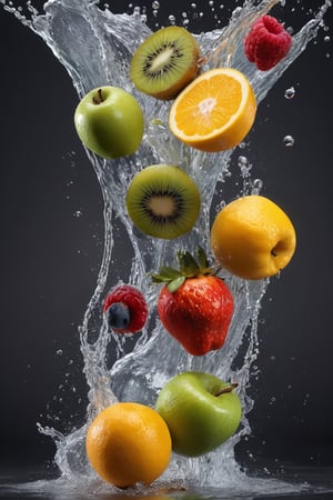 high quality, 8K Ultra HD, hyper-realistic, water splashing onto mixed fruit, in the style of gray background and colorful fruits, high detailed, dynamic and action-packed, high resolution --v 6.0, ultra realistic, realistic photo, highly detailed