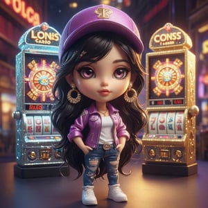 A striking 3D digital illustration of Chibi, the chic casino enthusiast, confidently posing in front of a dazzling neon-lit slot machine. Her long black hair with white highlights flows elegantly around her face, accentuating her focused expression. Chibi dons a trendy lilac cap with the Flor logo, featuring shiny gold letters and sparkling diamonds. She wears a red "las unicas" blouse, designer jeans, a gold Blogger watch, and eye-catching statement earrings. Urban-style sneakers complete her outfit, seamlessly merging fashion and functionality. The dark fantasy-inspired scene, captivating poster, and 3D rendering create an immersive and fashionable atmosphere, blending vibrant colors with striking design elements., photo, dark fantasy, vibrant, typography, 3d render, illustration, fashion