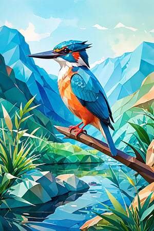 low poly watercolor nature illustration of kingfisher in the landscape