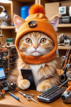A whimsical image of a captivatingly cute light-colored cat with large eyes, donning a cozy brown bear hat. It stands on a cluttered workbench at the quirky phone repair service center, 'Iremont'. The small feline, emanating an air of curiosity, is surrounded by an assortment of tools such as screwdrivers, tweezers, and various phone components. The technician working diligently on a phone smiles warmly towards the inquisitive cat. The service center's unique black and orange decor is highlighted by shelves filled with an array of phones and spare parts. The word 'Iremont' is prominently displayed, completing the vibrant scene., photo,Apoloniasxmasbox