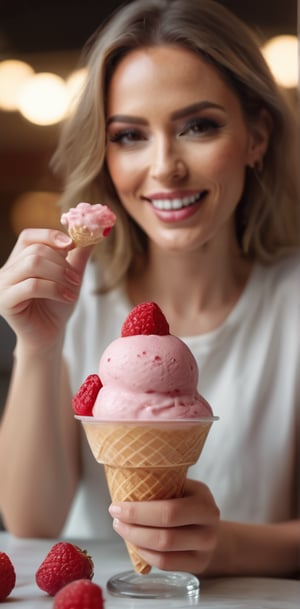 A captivating cinematic photo of a woman indulging in a delicious ice cream treat from a cup decorated with vibrant raspberry, strawberry, and strawberry pieces. The woman wears a casual outfit and a hint of a smile, reflecting her delight as she scoops up a spoonful of the creamy delight. The background reveals a warm, sunlit setting with a subtle blur, emphasizing the focus on the ice cream and the woman's expression of pleasure., cinematic, photo, product