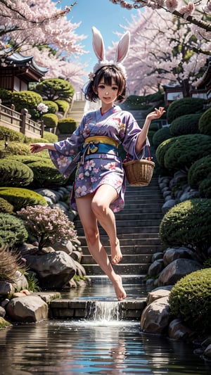 A delightful anime-style illustration featuring a cute, kawaii Japanese rabbit, or "lapin au japon," wearing a traditional Japanese kimono adorned with cherry blossoms. The rabbit is shown jumping gracefully while carrying a basket full of delicate, floating cherry blossoms. The background is a serene and picturesque Japanese garden with a gently flowing stream, and the overall atmosphere is warm and charming., illustration, anime