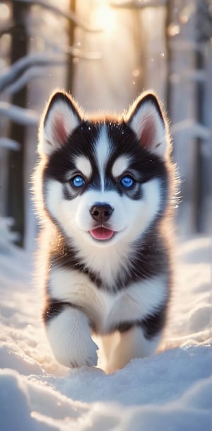 A captivating illustration of an adorable baby husky, perfectly capturing its delightful and playful nature. The husky's large, expressive eyes are a mesmerizing mix of blue and brown, with black pupils that exude curiosity and wonder. Its distinctive black and white coat complements its soft, smooth skin, giving the husky a lifelike appearance. Snowflakes delicately fall around the husky, highlighting its playful spirit and adding a sense of motion to the scene. The serene winter landscape in the background further accentuates the innocence and liveliness of the baby husky, as it embodies the pure joy and wonder of childhood in this idyllic winter wonderland., illustration,Apoloniasxmasbox