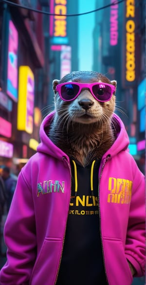 An extraordinary cyberpunk scene featuring an anthropomorphic baby otter hacker, dressed in a magenta hoodie with the word "ALPHA NERD" embroidered in gold capital bold letters. The otter wears sunglasses with reflections of matrix code, indicating its hacking prowess. The background showcases a futuristic, high-definition environment with vivid colors and neon accents. The otter's hacking setup is premium, featuring multiple monitors and immersive visuals, creating an awesome overall detail level. tron style.