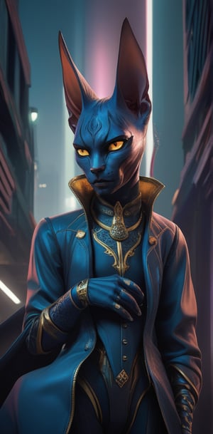 A captivating, high-resolution gigapixel artwork of a sleek and menacing Sphynx cat villain from a comic book. The cat, fully clothed in an intricately designed suit and leather armor, wears a sinister mask that covers its eyes. Its piercing yellow eyes gleam with mischief, and it clutches a menacing, curved blade in its paws. The background reveals a dystopian cityscape, with towering, neon-lit buildings that stretch into the neon-lit sky. The image is rendered in stunning detail using Unreal Engine, Octane, and NVIDIA Ray Tracing technology, providing an immersive, cinematic experience with rich colors and intense depth. The artwork evokes a sense of danger and intrigue, drawing the viewer into the dark world of the Sphynx cat villain., photo, cinematic, painting