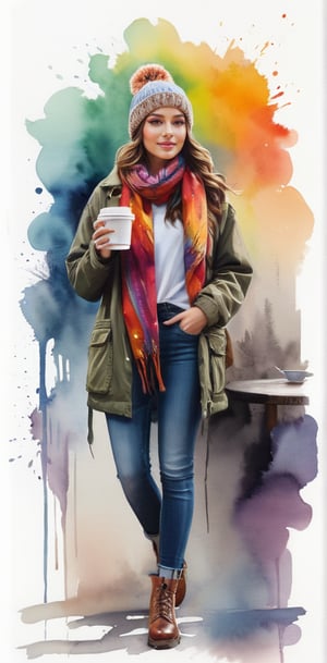 A captivating painting of a young woman standing outdoors, surrounded by a vibrant watercolor backdrop full of splashes of color. She is dressed in a cozy outfit, wearing a beanie hat, a colorful scarf, a stylish jacket, and jeans. In her hand, she holds a steaming cup of coffee, with soft steam curling up from the warm liquid. The art masterfully blends realism and watercolor techniques, creating a dreamy and artistic atmosphere that invites viewers to step into the scene. Text that reads "GOOD MORNING", painting, vibrant