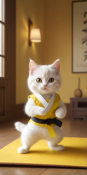 An adorable and whimsical illustration of a feline martial artist in a tiny fluorescent yellow taekwondo uniform, perfectly executing a high kick. The cat, with a captivating face filled with intense focus, has perked ears and twitching whiskers. The luxurious living room setting features a rolled-out training mat for the cat's demonstration. A delicate white bow rests on the floor, adding a touch of feminine elegance to this delightful and endearing scene. The large sign "AURAMARK THIEF" hung on the wall, hinting at the feline's alter ego.,Apoloniasxmasbox