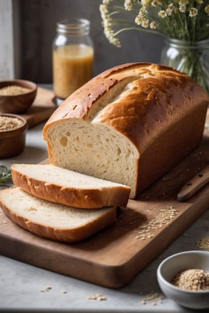 A warm, golden-brown, freshly baked loaf of white bread, crafted from fine-grain wheat flour, resting serenely on a rustic wooden cutting board, amidst a soft, sun-drenched kitchen countertop, surrounded by delicate ceramic jars filled with fresh wildflowers, emitting a gentle, comforting aroma, evoking feelings of homely warmth, with creamy hues and soft shadows, in a cinematic style, bathed in a warm, honey-toned light, with a sprinkle of sesame seeds adding a touch of organic elegance, as if fresh from a French patisserie.