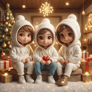 A captivating 3D render of three cute cartoon friends sitting together in a cozy home caesar atmosphere during Christmas. They are all wearing stylish white hoodies with the names "Asia, " Carima and" Asnia written in gold. The characters have expressive brown eyes and brown hair, with Asian kids sistersfeatures. The background is adorned with hearts and fine details, creating a romantic and festive ambiance. The image is presented in ultra-high-definition 4K, with HDR lighting, showcasing vibrant colors and fashionable typography., photo, vibrant, fashion, typography, poster, 3d render
