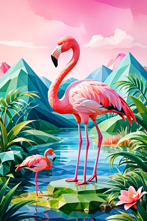 low poly watercolor nature illustration of flamingo in the matching landscape