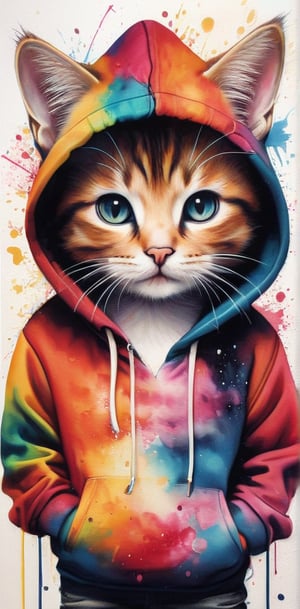 An extraordinary ink painting captures the essence of a stylish anthropomorphic kitty, adorned in a trendy hip-hop ensemble. The kitty dons a vibrant, graffiti-inspired hoodie, baggy jeans, and a pair of sleek, eye-catching sneakers. The background showcases a mesmerizing explosion of vivid watercolours, creating an inkblot and splash art effect. The vibrant, swirling colours seamlessly blend with the kitty's sleek, hyper-realistic form, making for an exquisitely detailed and visually stunning piece of art.