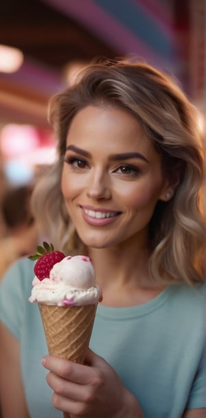 A captivating cinematic photo of a woman indulging in a delicious ice cream treat from a cup decorated with vibrant raspberry, strawberry, and strawberry pieces. The woman wears a casual outfit and a hint of a smile, reflecting her delight as she scoops up a spoonful of the creamy delight. The background reveals a warm, sunlit setting with a subtle blur, emphasizing the focus on the ice cream and the woman's expression of pleasure., cinematic, photo, product