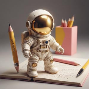 A striking, ultra-high-definition photograph masterfully blending 3D rendering and classic photography techniques. The image captures a miniature astronaut in a classic white suit, with a shiny, plastic appearance, standing on a large sheet of lined notebook paper. The astronaut holds a gigantic yellow pencil with a pink eraser and the message 'FELIZ DIA DEL DISEÑADOR' is visible in black pencil letters on the page. The astronaut's helmet reflects a shiny surface. The exceptional fusion of 3D rendering, photography, fashion, and portraiture creates a captivating and immersive cinematic experience, allowing viewers to be transported to this extraordinary scene. This photograph redefines the boundaries of photography, fashion, film, and 3D rendering, showcasing the artist's exceptional skill and vision., fashion, cinematic, photo, 3d render, portrait photography
