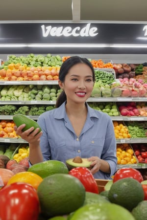 Anh Hai, looking confused, holding an avocado at the vegetable section of the modern supermarket. The staff member is smiling and explaining what it is. The scene is lively and colorful with various fresh vegetables around. Include Vietnamese flags and some traditional decorations
