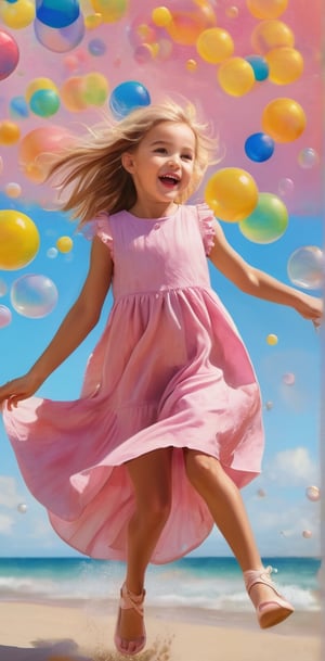 In this whimsical and vibrant digital painting, a young Scandinavian girl is seen jumping joyfully, wearing a flowing pink linen dress that complements her playful demeanor. The background is filled with an array of colorful bubbles, ranging from pastel pinks and blues to bright yellows and greens, which float and pop playfully. The bubbles create a lively and cheerful atmosphere, capturing the essence of carefree childhood joy and the boundless energy of youth.