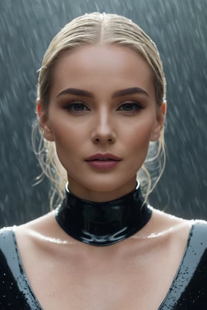 A blond woman standing amidst a backdrop of falling rain. She is wearing a shiny, black, form-fitting outfit that reflects the light, giving it a glossy appearance. The woman has a determined expression on her face, with her hair slicked back, possibly due to the rain. The lighting in the image is dramatic, highlighting the woman's features and the droplets of water around her., vibrant, cinematic, portrait photography, photo, fashion