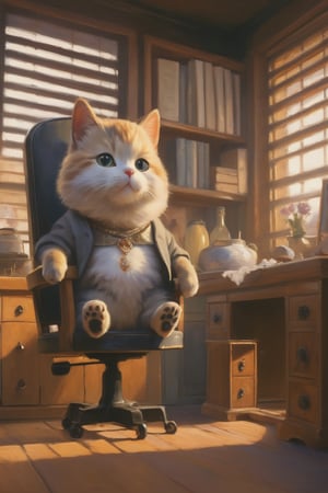 A whimsical oil painting of a dainty cat, donning a luminous pearl earring, set against a warm, cinematic backdrop. Soft, golden light illuminates the subject's gentle features, as if kissed by the sun. The composition is reminiscent of Dutch Golden Age masterpieces, with the cat posed on a worn, wooden chair, its paws curled delicately around the armrest.